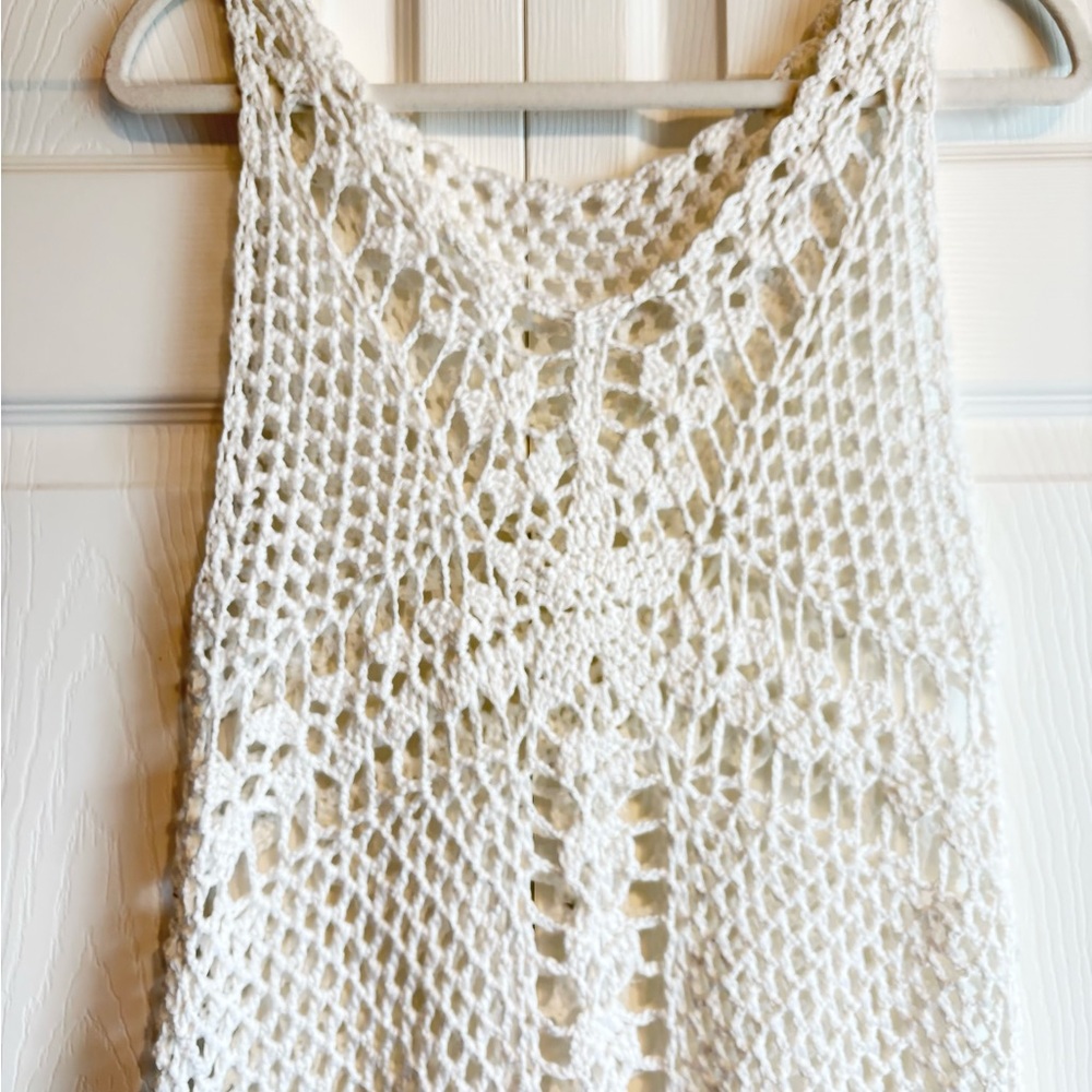 BOHO Cool White Intricate Crochet Knit Fringe Hem Festival Beach Summer Cover Up - Picture 5 of 7